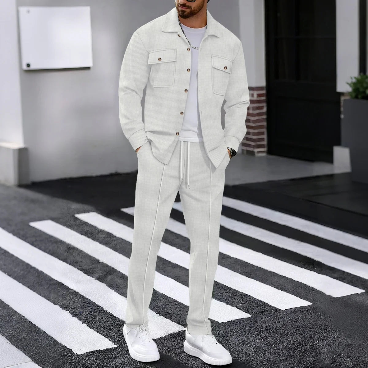 Men's Spring Autumn Casual Suit Street Style Solid Color Loose-Padded Long-Sleeved Two-Piece Set Fashionable Outerwear Suit set