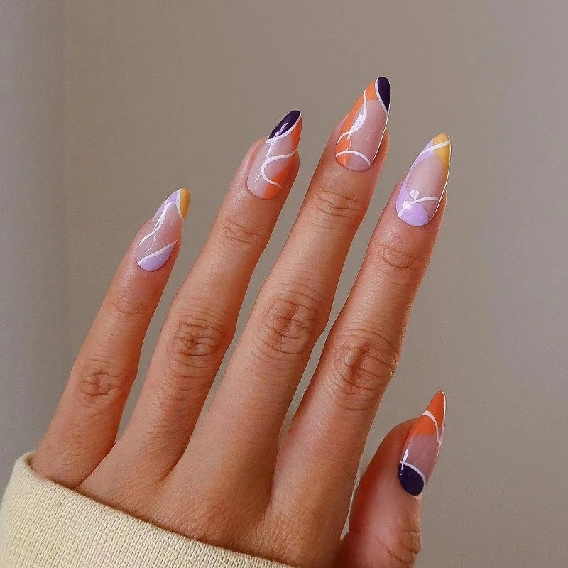 24Pcs Purple Heart Almond False Nails Artificial Simple with Glue French Wearable Fake Nails Full Cover Press on Nails Tips Art