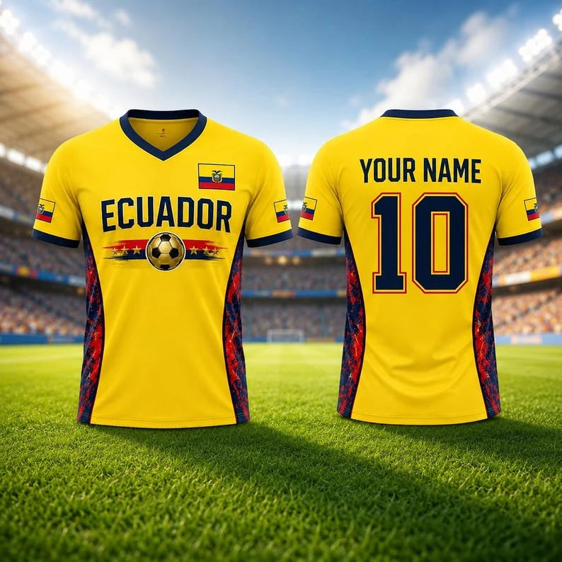 2026ECUADORIAN FOOTBALL JERSEY V-NECK JERSEY 3D-PATTERN T-SHIRT CHILDREN'S GIFT MATCH UNIFORM CYCLING AND HIKING GEAR