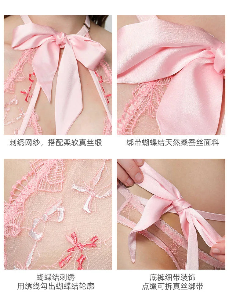Women's Embroidered Ribbon Bow Bralette & Panty Set, Butterfly Mambo Pure Desire Wireless Comfort Bra for Daily Wear MOYISU Sexy