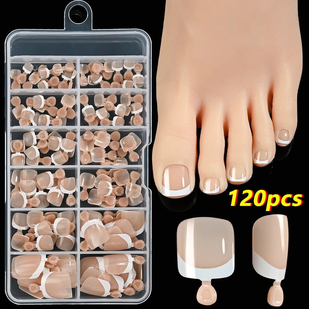 120Pcs Acrylic False Toes Nails French Short Square Pink/Nude/Brown Full Cover Fake Toenails Summer Artificial Press on Toenails