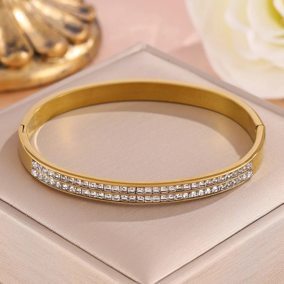 ZAKOL 4pcs Golden Bracelets Set Geometric Square Crystal Zirconia Inlaid Copper Stainless Steel Stackable Bangles Luxury Jewelry