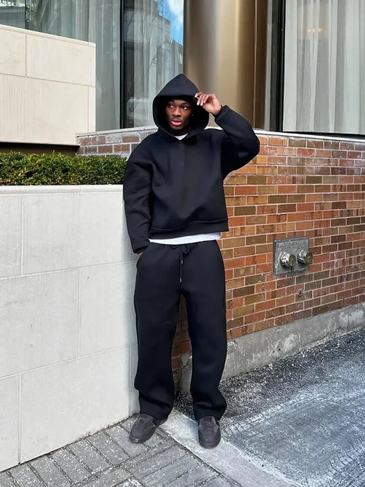 Solid Couple's Hooded Sweatshirt 2 Piece Set Casual Loose Sweatpants Suit Autumn Male Jogging Sweatshirt Trousers Outfits Suits