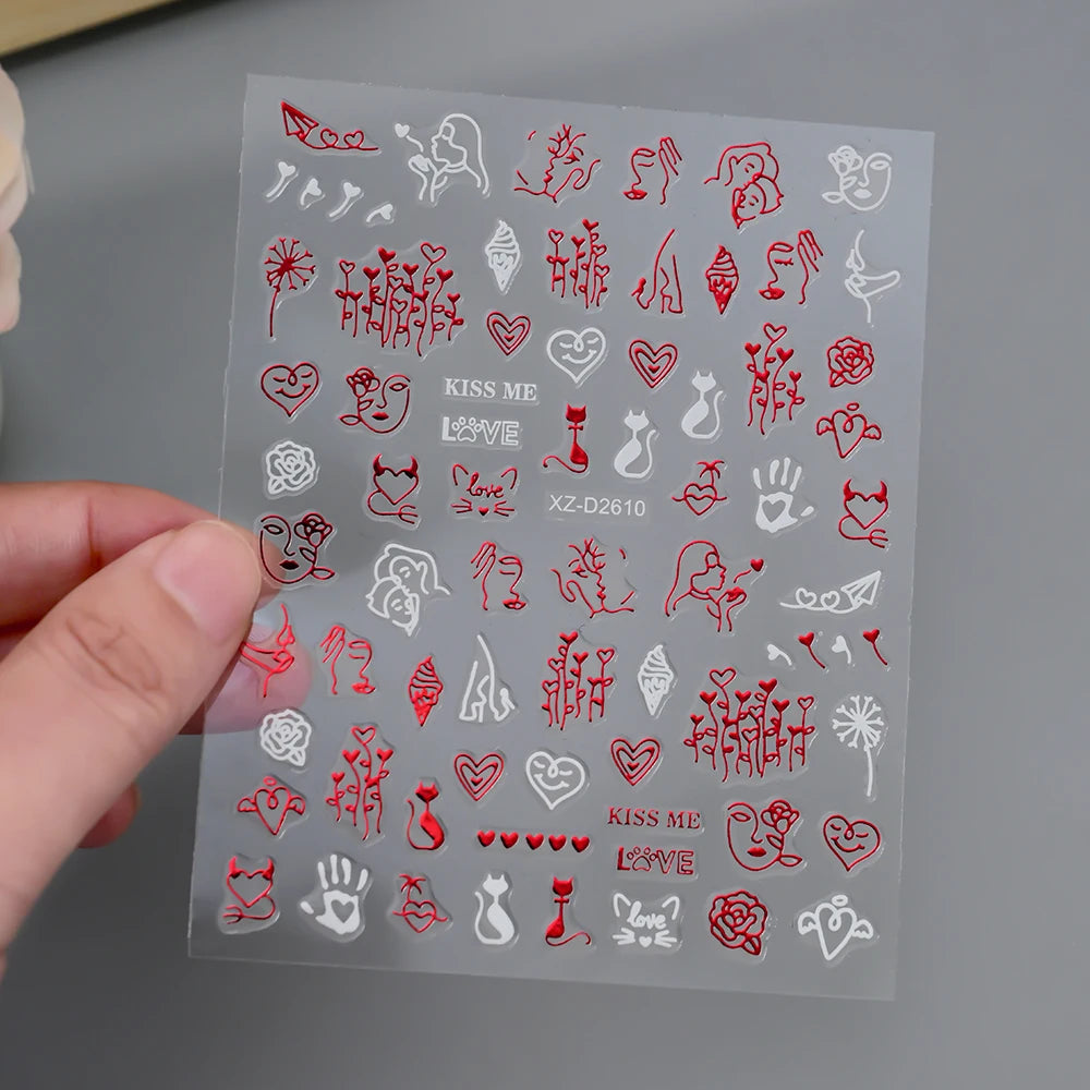 1Pc 3D Red Love Heart Nail Art Stickers Rose Flower Lip Self Adhesive Decals Valentine' Day Nail Sliders For Manicure Decoration