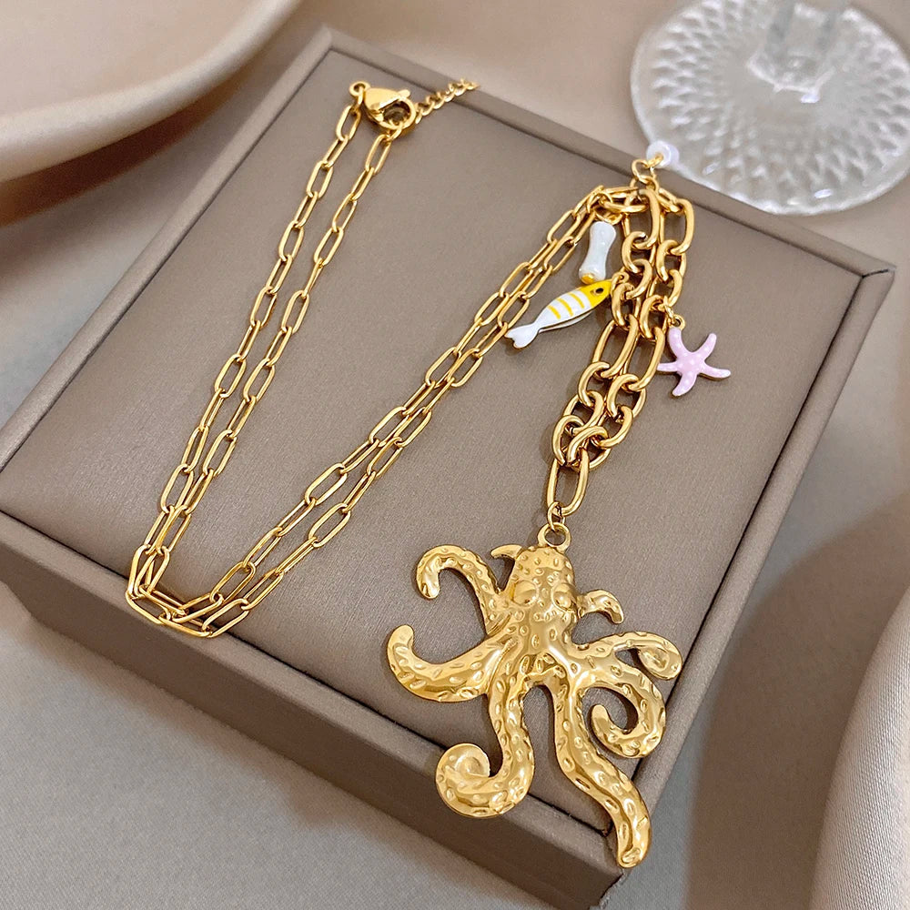 Flashbuy Golden Ocean Charm Necklace, Starfish Crab Octopus Pendant, Boho Beach Jewelry for Women, Summer Vacation Accessory