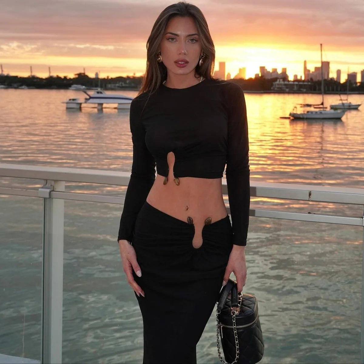 BKLD Women Clothing 2026 Autumn And Winter New Fashion Hollow Out Long Sleeve Crop Tops Slim Fit Skirt Set Two Piece Outfits