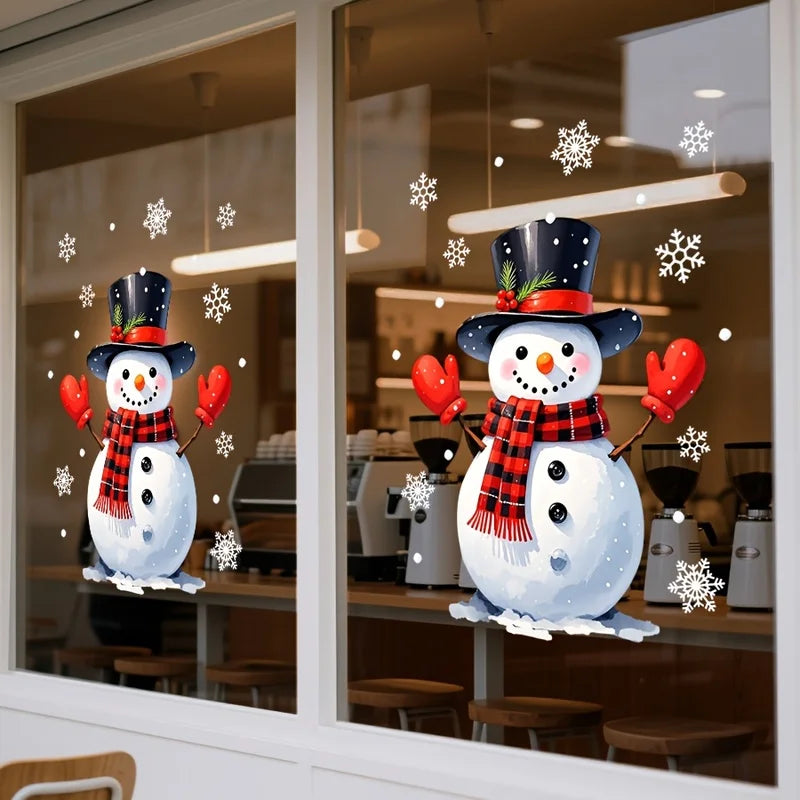 1PC Festive Winter Snowman Window Decals, Snowman with Red Gloves & Snowflake Christmas Window Clings, Reusable Glass Stickers