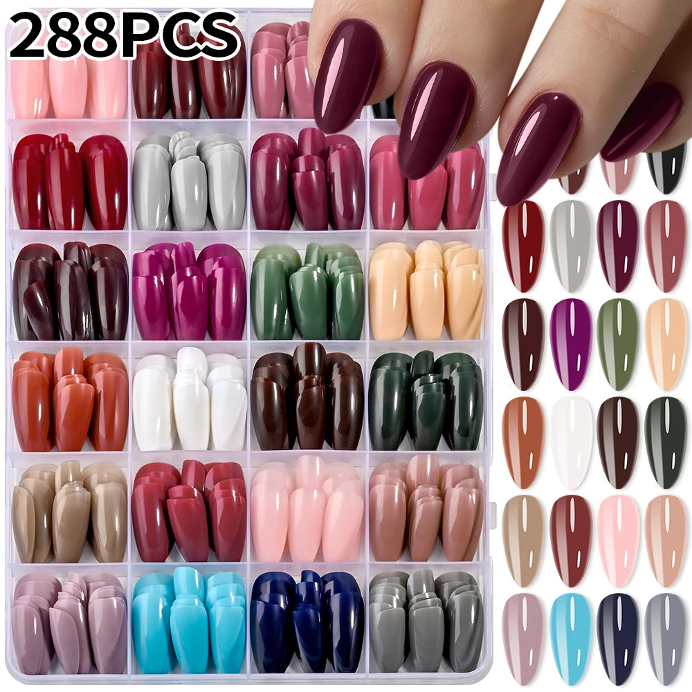 288Pcs Mixed Color Medium Almond False Nails Acrylic Full Cover Fake Nails for Women Wearable Press on Nails DIY Nail Extension