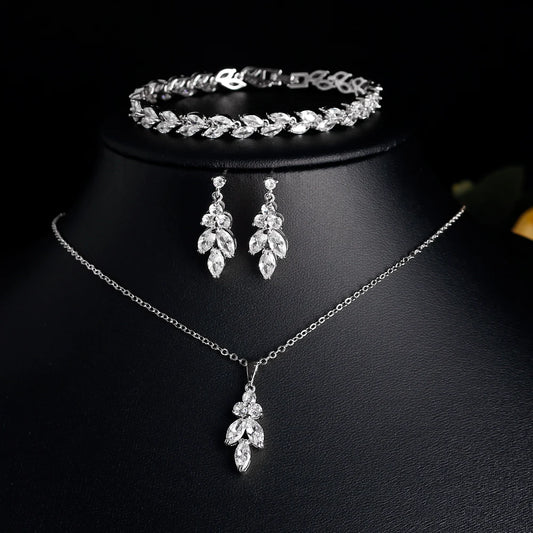 ZAKOL 3Pcs/Set Luxury Zirconia Leaf Bridal Wedding Jewelry Set Buling Clear Crystal Earring&Necklace&Bracelet Party Accessories
