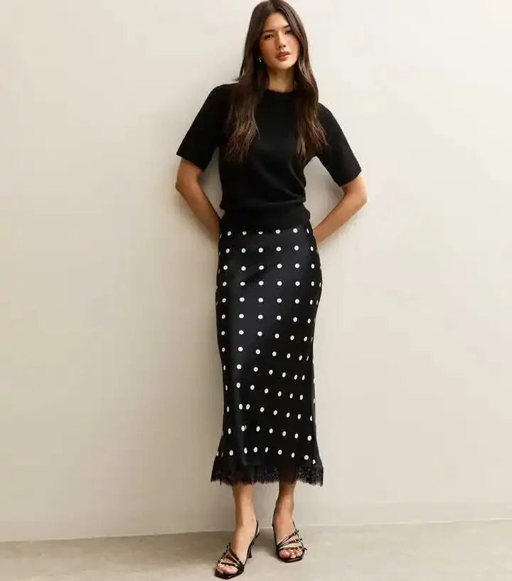 Elegant Polka Dot Skirt For Women Casual High Waist Satin Silk Patchwork Lace Midi Skirts 2026 Y2k Vintage Female Streetwear
