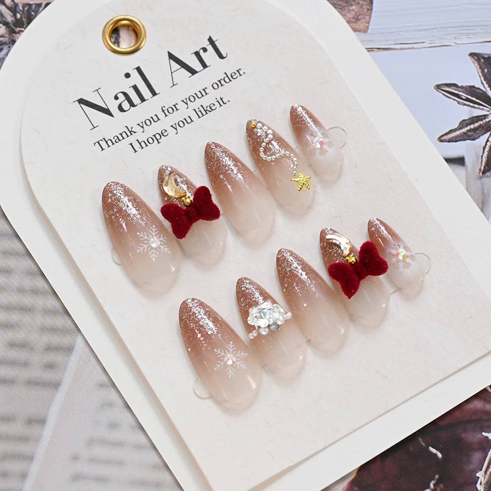 24Pcs Glitter powder French Christmas Fake Nails Almond Full Cover False Nails Snowflake with Bowknot Rhinestone Press On Nails
