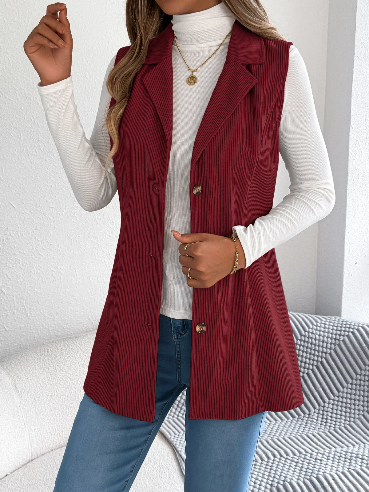 Autumn Winter Corduroy Coat Women 2026 Casual Solid Color Single Breasted Lapel Sleeveless Jacket Khaki Red Black Woman Clothing