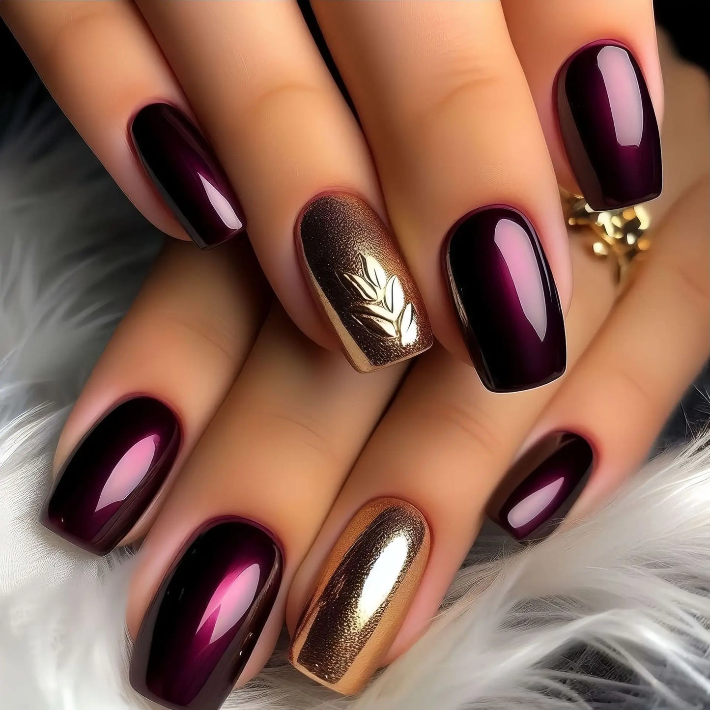 Short Medium fake nails for women girls green purple golden colors flowers leaf design glossy square ballet shape press on nails