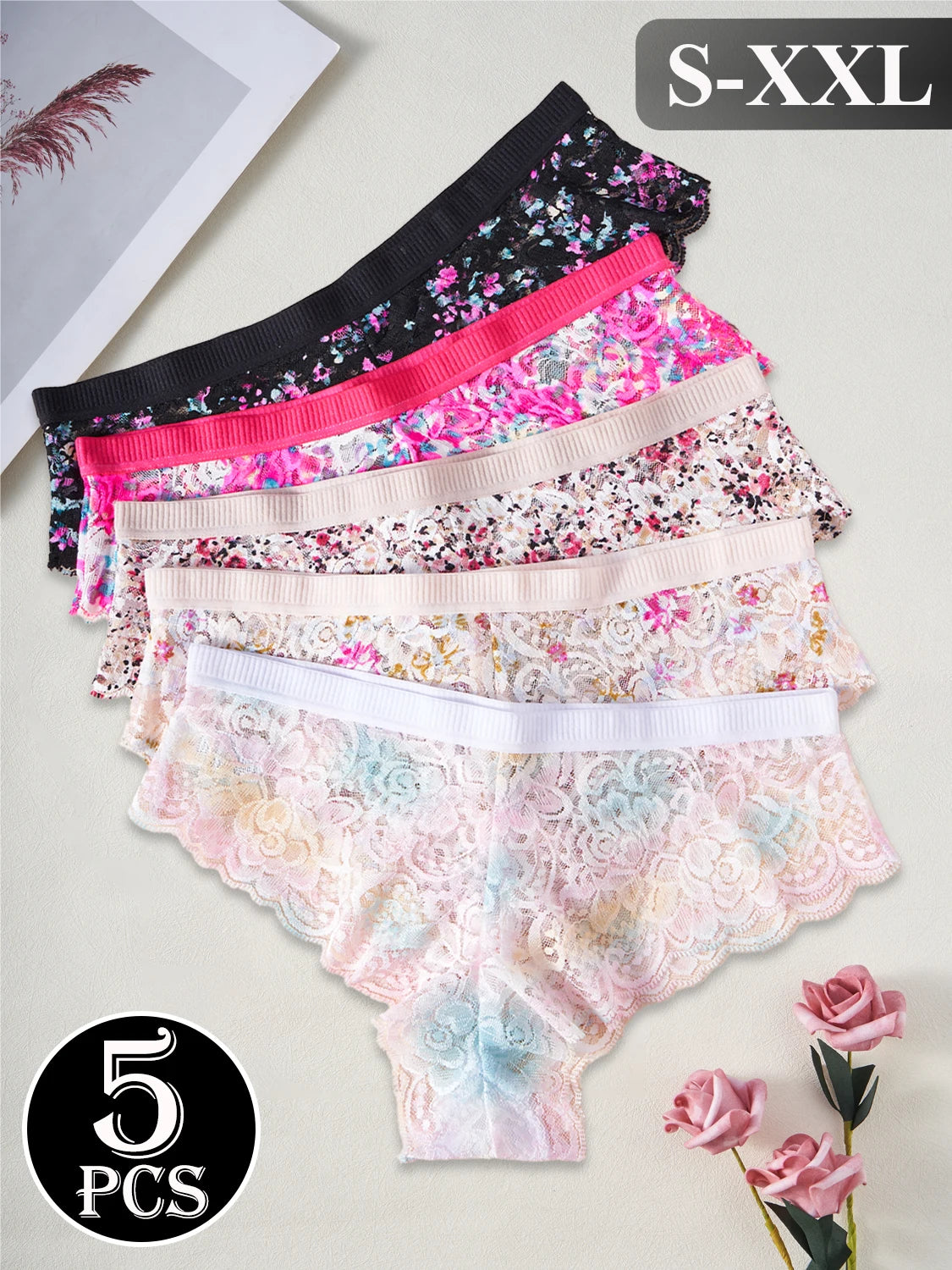 5PCS New Women Underpants Hollow Out Lace Colored Printed Sexy Panties High Quality Comfortable Briefs Fashion Female Lingerie