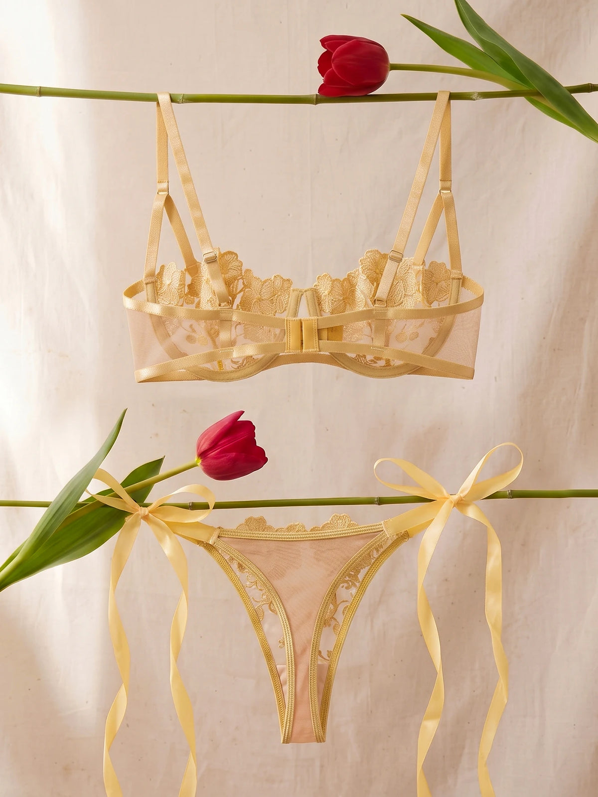 Women 2 Piece Lingerie Set Gold Floral Embroidery Sheer Mesh Balconette Bra and Panty Set Ribbon Tie Sides