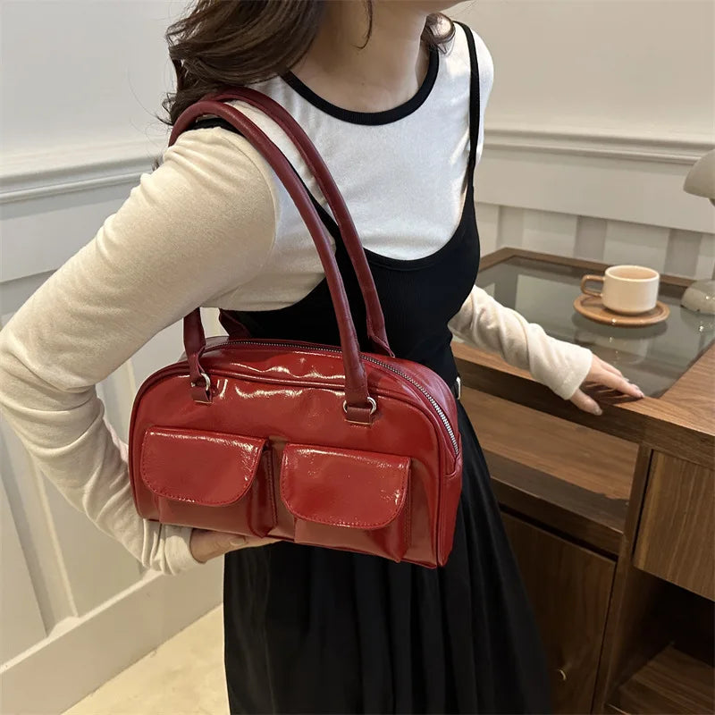 Retro Women's Satchel Hobo Bag PU Leather Shopping Bag Fashion Solid Designer Armpit Bag Casual Double Pocket Hand Underarm Bag