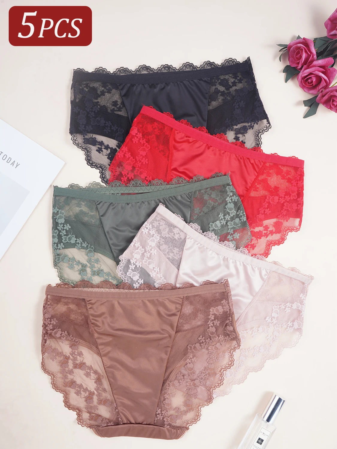 5PCS Solid Color Women's Underwear Sexy Lace Embroidery Small Flower Splicing Panties Mid Waist Briefs Suitable for All Seasons