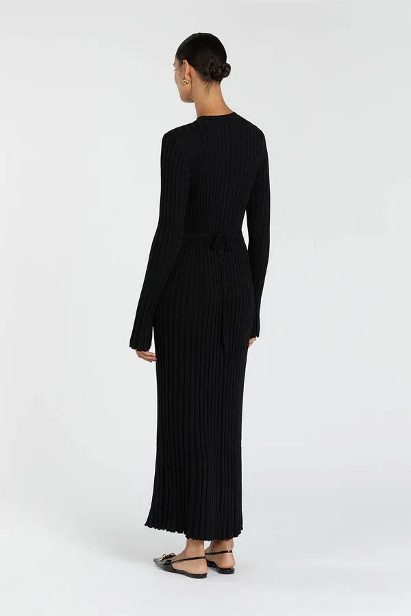 Vintage Lace-Up Female Knit Maxi Dress Elegant High Waist Patchwork Long Sleeve Loose Solid Dress Bodycon Knitwear Basic Dresses