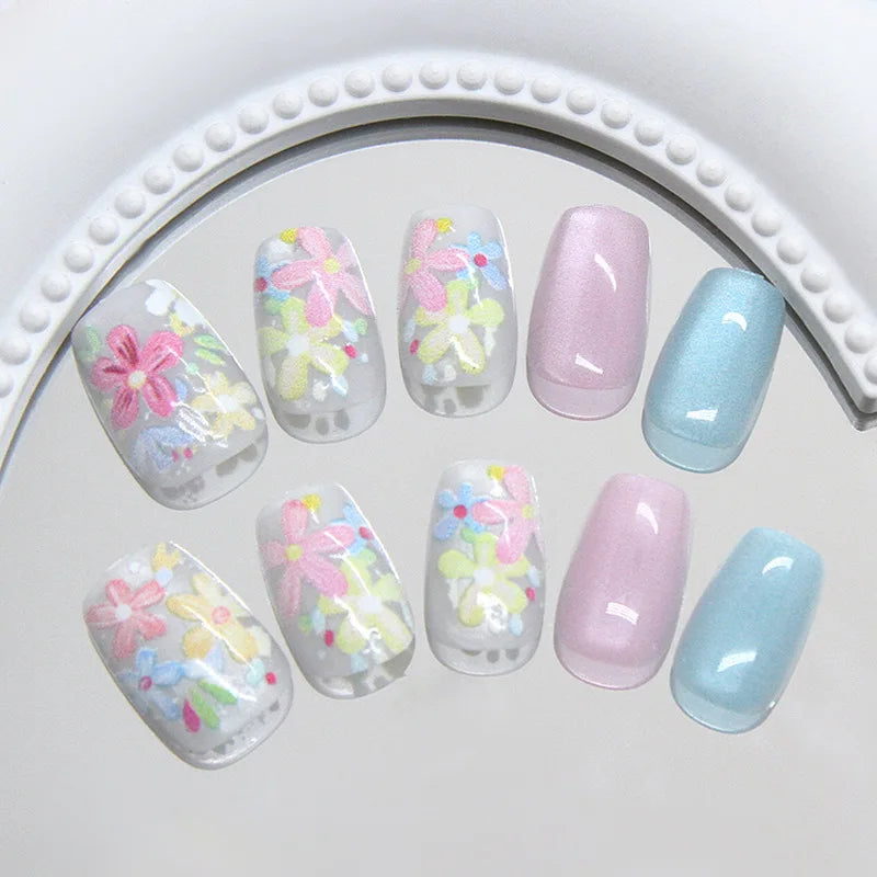 24pcs/set Medium long fake nails yellow dragon flowers feather design for Spring summer Square almond tips press on false nail