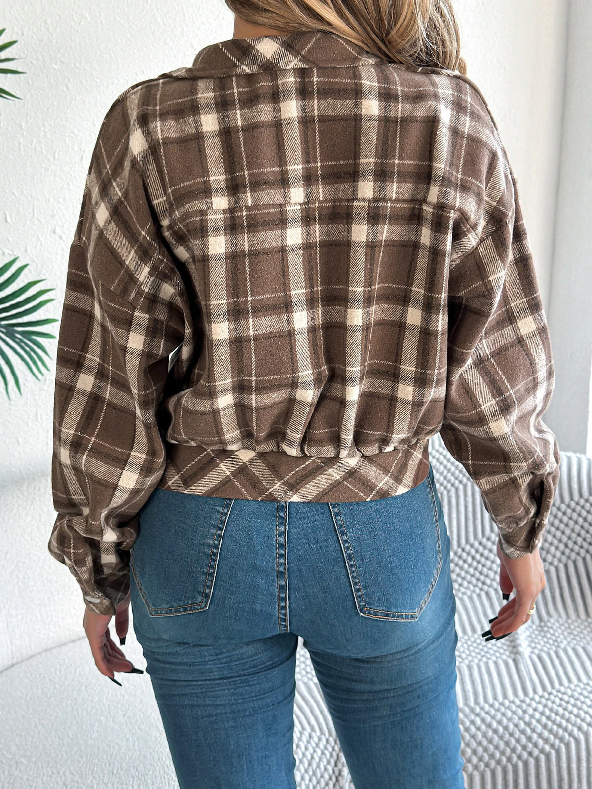 Autumn Winter Casual Plaid Cropped Jacket Lapel Lantern Long Sleeve Single Breasted Woolen Jacket 2026 Fashion Women Clothes