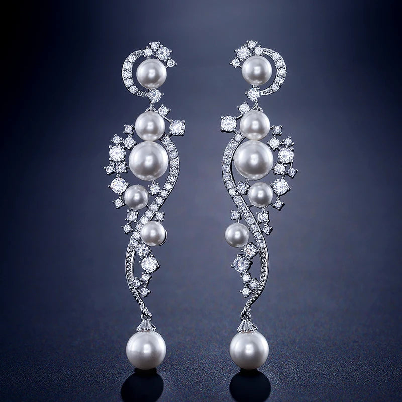 ZAKOL Luxury Shiny AAA Cubic Zirconia Hanging Earrings for Women Imitation Pearl Bridal Long Earring Women's Wedding Jewelry