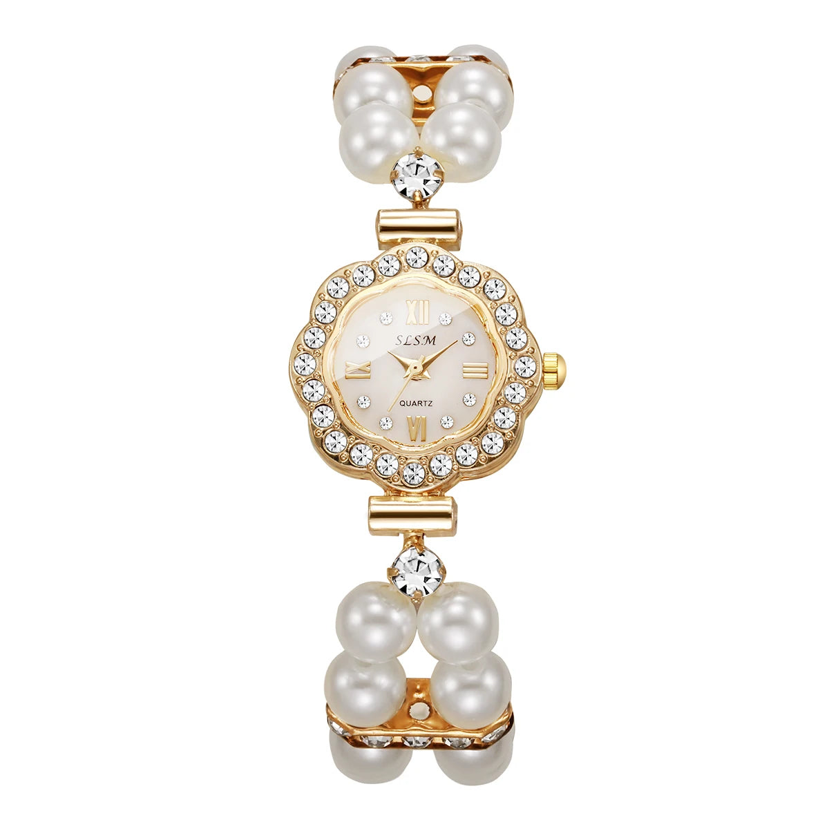 Elegant Pearls Bracelet Strap Women Watches Luxury Rhinestone Flower Dial Quartz Wristwatches Relogio Feminino (Without Box)