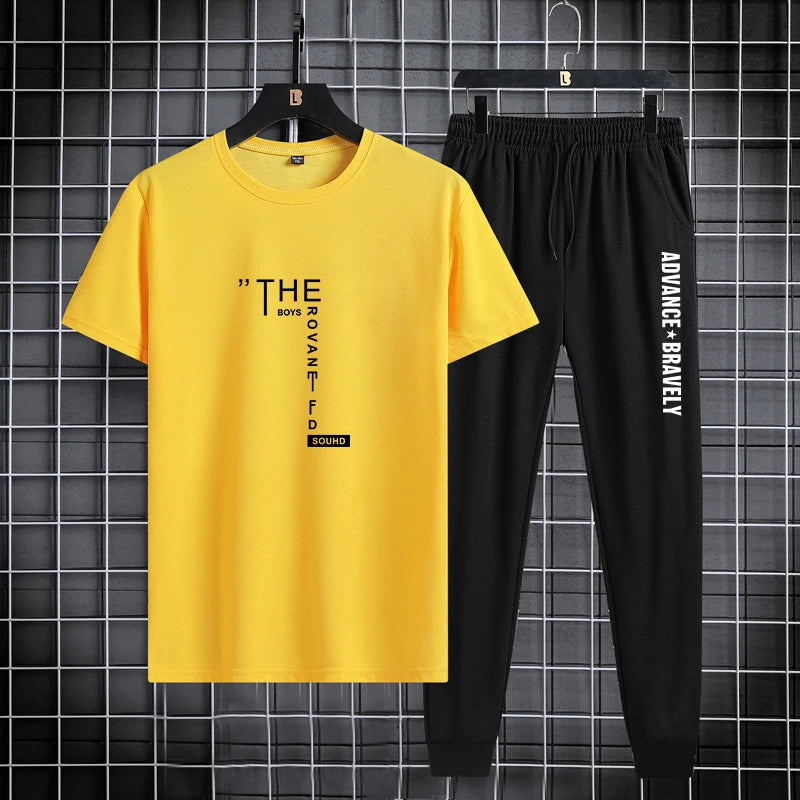 Trendy printed men's sports suit, summer casual T-shirt, leggings, two piece set, thin and breathable, solid color 2024 new prod