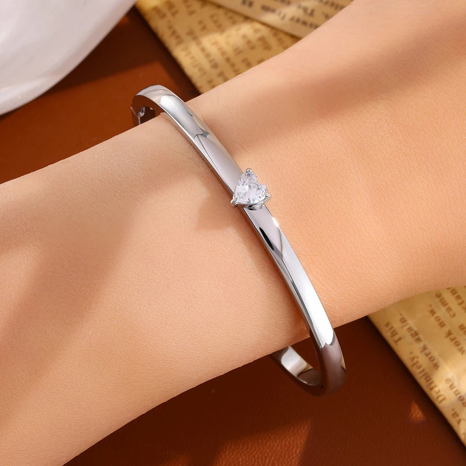 ZAKOL 4/1pcs Fashion Stainless Steel Sackable Bracelets Shiny Heart-shaped Zircon Embellished Bracelet Bangles Charm Jewelry Gif