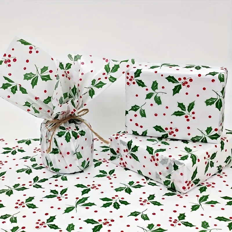 50Pcs Christmas Bouquet Paper New Christmas Tree Pattern Paper Santa Claus Wrapping Paper High Quality Holly Berry Gift Wrap
