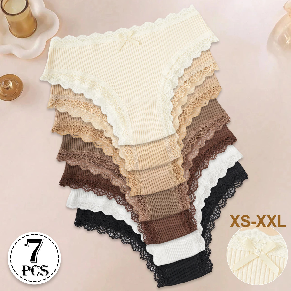 7PCS New Fashion Cotton Women's Underwear Solid Color Comfortable Breathable Panties Low-Rise Lace Trim Sexy Briefs Daily Sports
