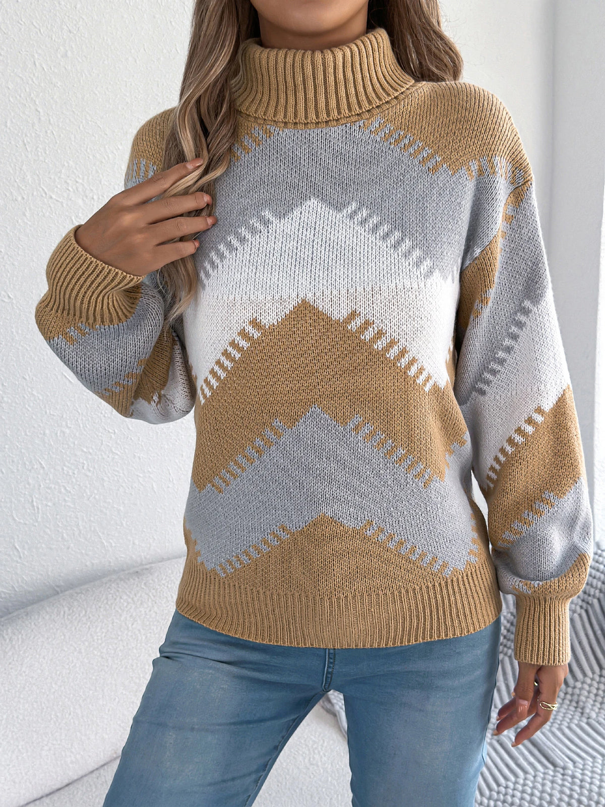 Autumn Winter Casual Turtleneck Color Block Knitted Sweater for Women 2026 Fashion Lantern Long Sleeve Pullover Warm Knitwear