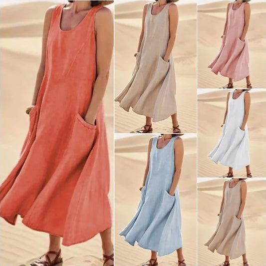 Women Casual Sleeveless A Line Dress with Pockets Vintage Hrajuku Loose Midi Length Maxi Dress Summer O Neck Cotton Linen Dress