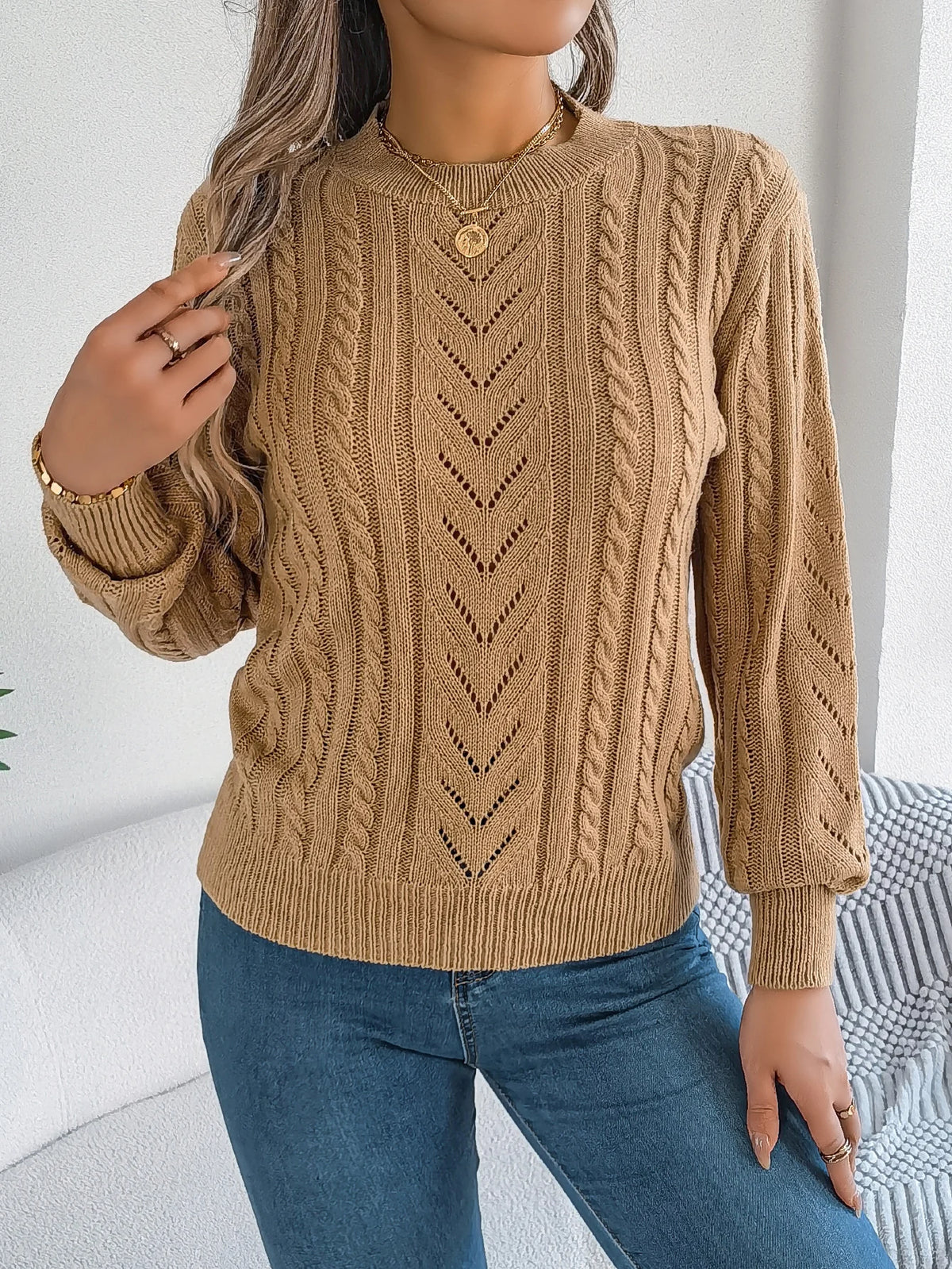 Autumn and Winter Casual Solid Color O-Neck Hollow Out Long Sleeved Pullover Sweater
