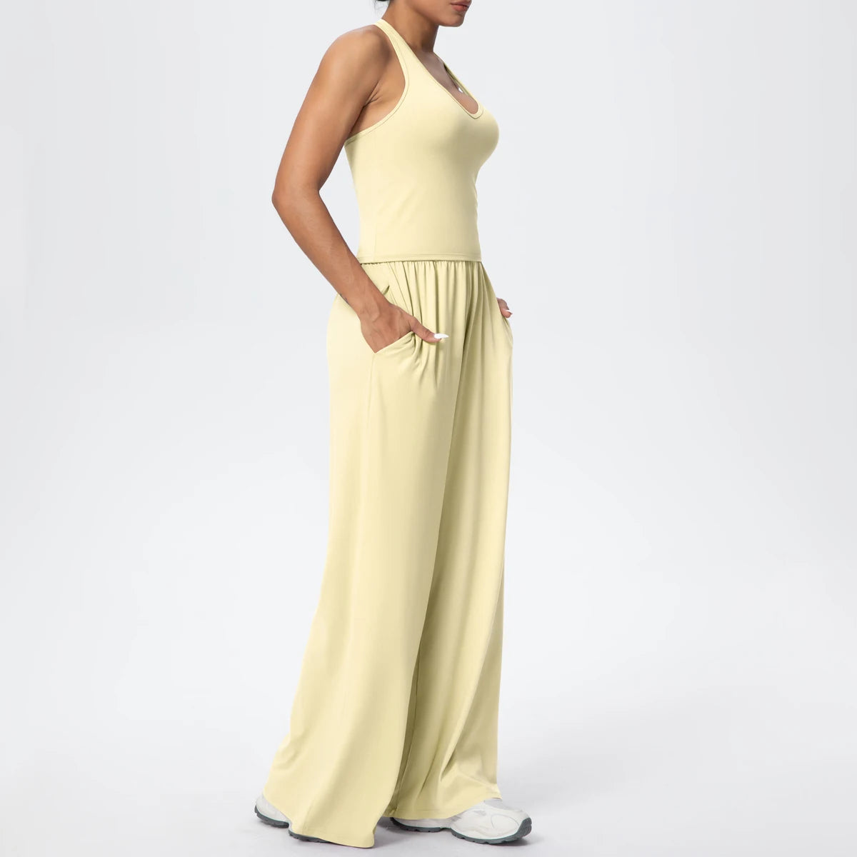 Breathable Loose Wide Leg Pants and Yoga Vest Set Solid Color High Stretch Pockets Pants Beautiful Back T-shaped Vest Yoga Suit