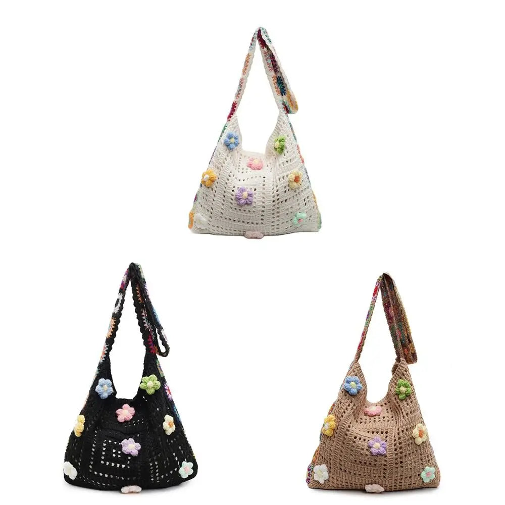 Boho Knitting Shoulder Bag Floral Large Capacity Bohemian Crochet Crossbody Bag Ethnic Style Lazy Style Casual Woven Handbag
