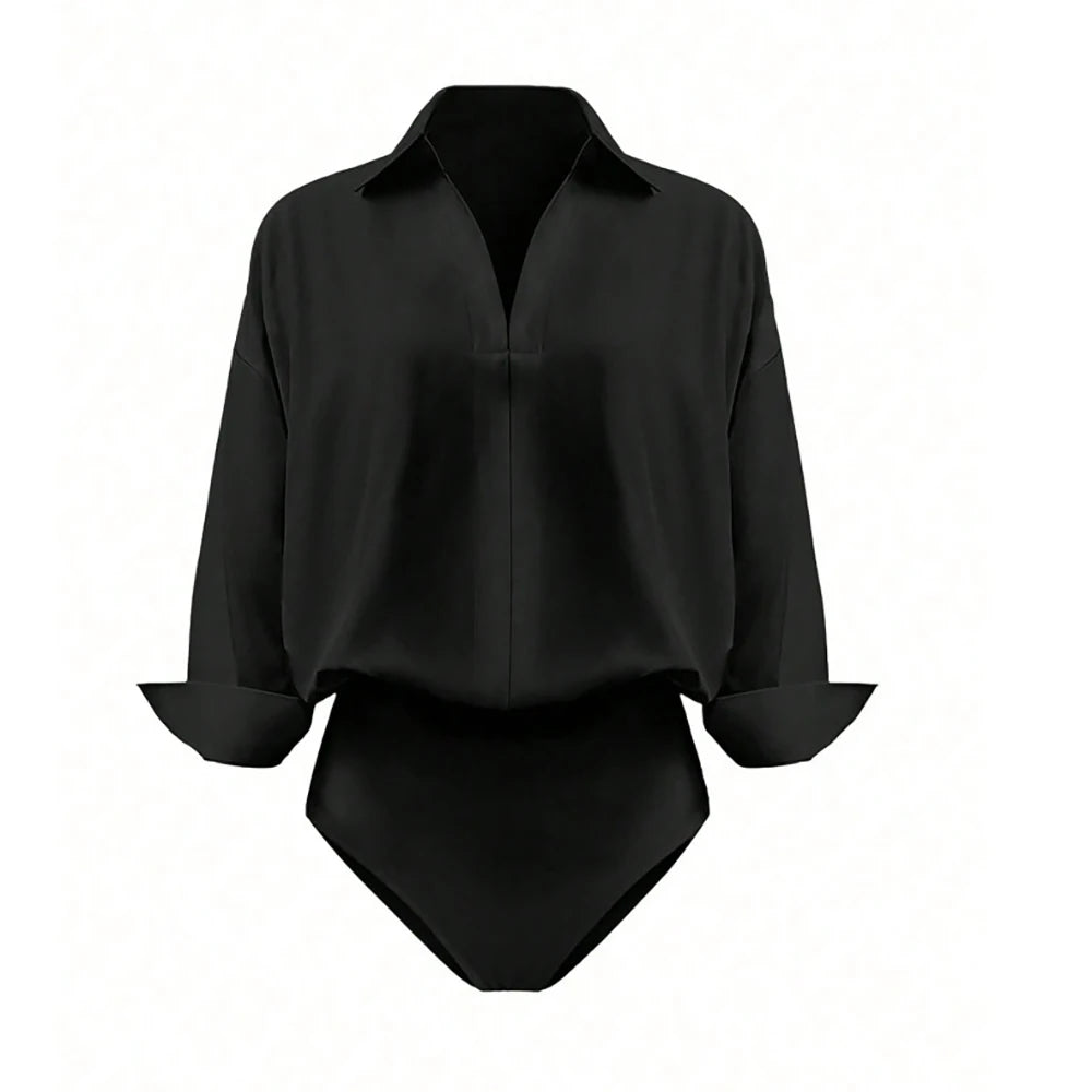 Women Shirt Bodysuit Oversized Boyfriend Half Sleeve Blouse Deep V Collar Bodysuit Shirts Elegant Office Lady Jumpsuit Top