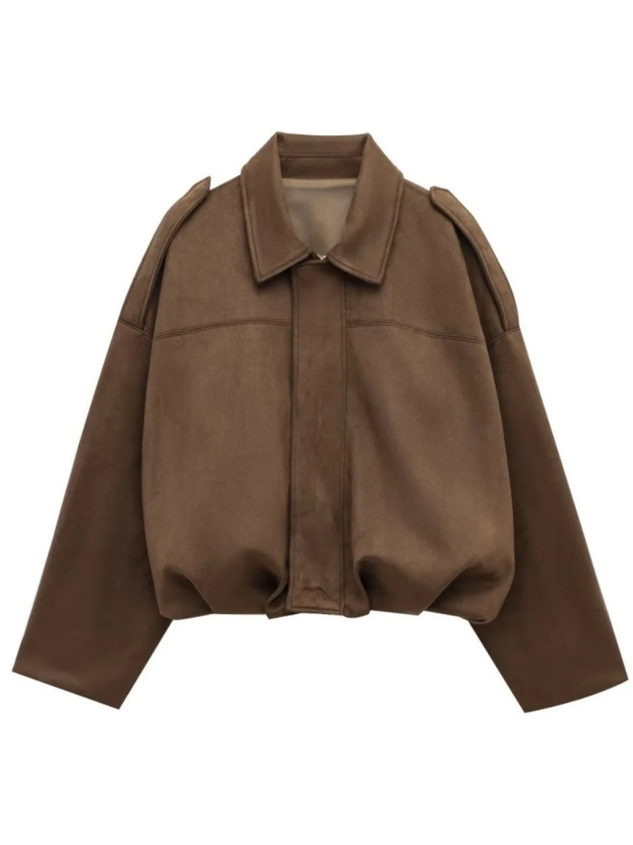 Vintage Suede Texture Bomber Jackets Women's Long Sleeve Loose Coats New Causal Autumn Winter Female Outerwear