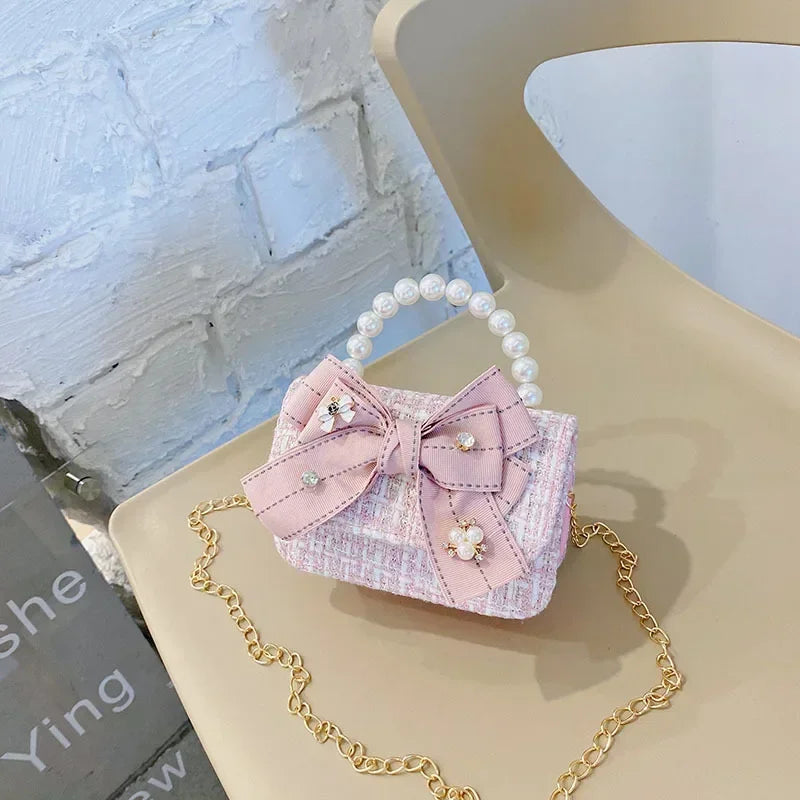 Princess Chanel style chain bag baby pearl accessories hand bell bag trendy children cute bow girl shoulder bag