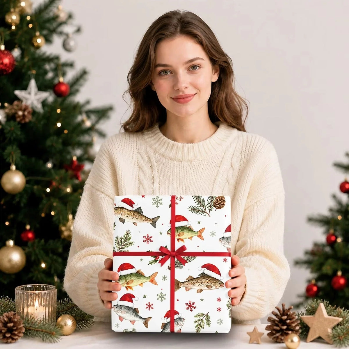 43X300CM Fisherman Christmas Wrapping Paper, Cute Santa Hat Fish Pattern, Winter Pine & Holly Design for Angler Holiday Gifts