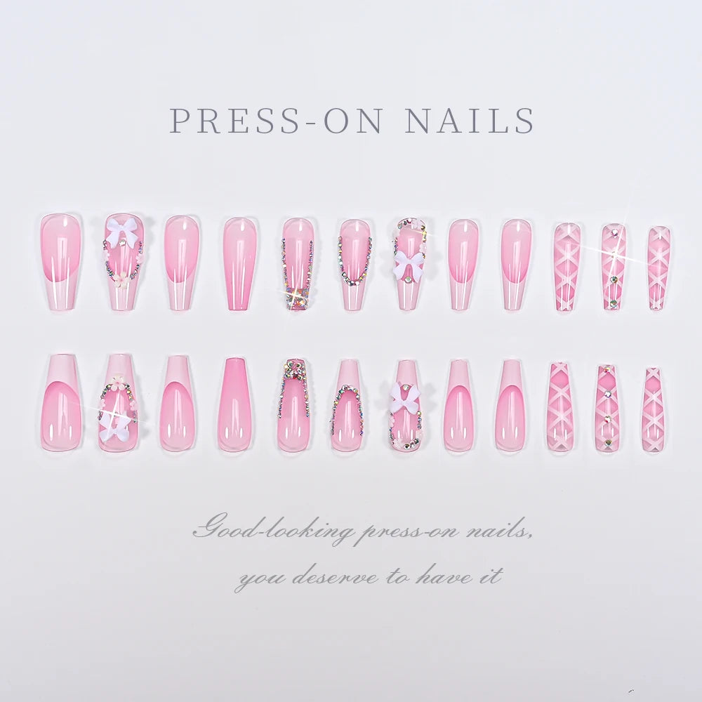 24Pcs Long Coffin French Fake Nails Acrylic Full Cover Square Head False Nails Bow Rhinestone Design Wearable Press on Nails