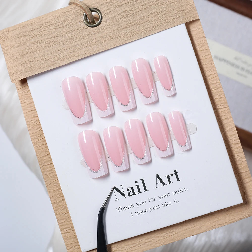 24Pcs Short Square Coffin French Glitter Press On Nails أظافر لاصقة فرنسية لامعة بشكل مربع – 24 قطعة