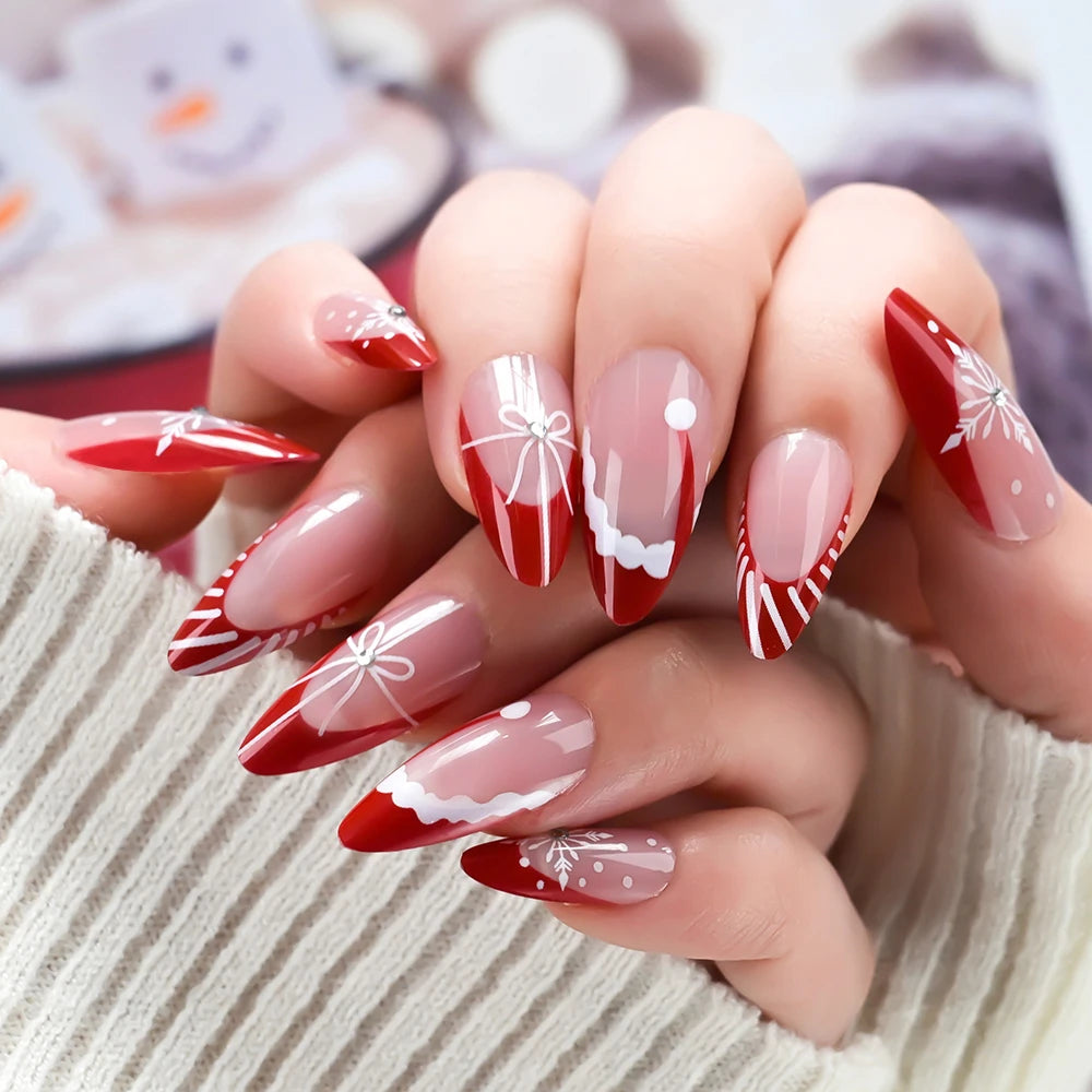 24Pcs Christmas Red French Almond Fake Nails Snowflake Xmas Hat Design Full Cover False Nail Acrylic Wearable Press On Nails