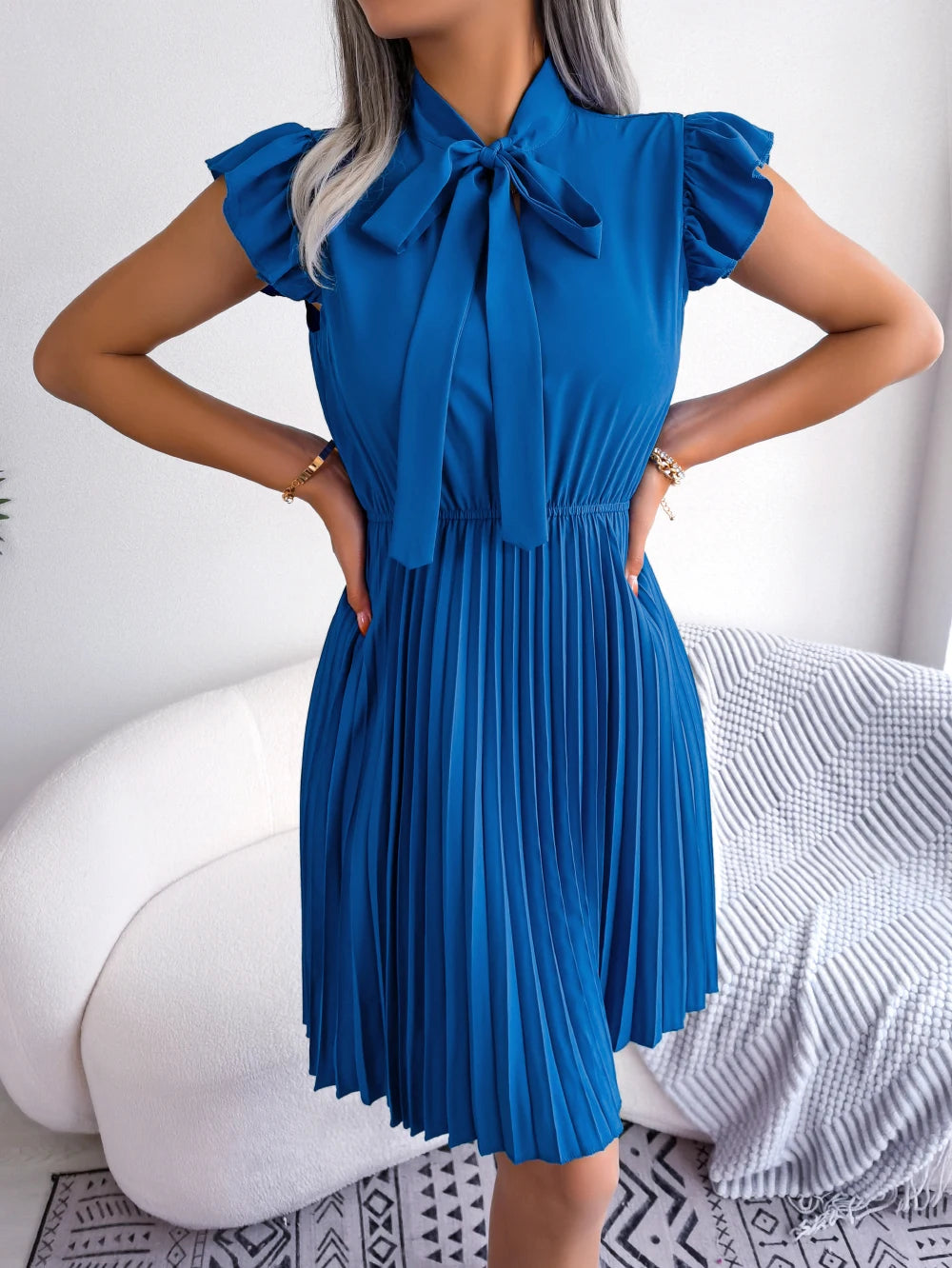 Elegant Bow Tie Pleated Dress 2026 Women Summer Solid Color Ruffles Short Sleeve Mini Dress Green Red Black Blue Woman Clothing