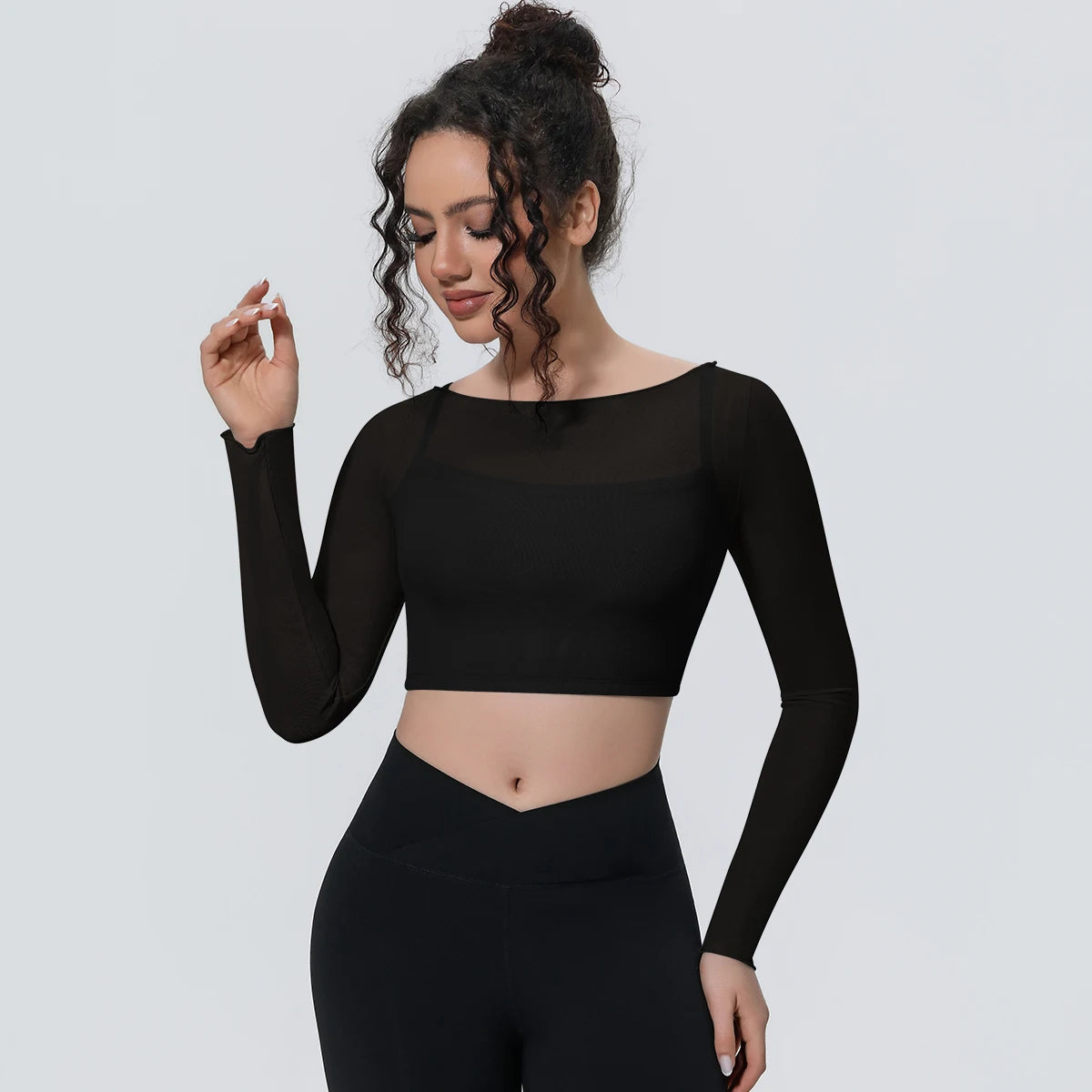 Woman Sports Yoga Long Sleeves Workout Top Solid Color False Two-piece Mesh Running Shirts with Chest Pad Summer Long Sleeves