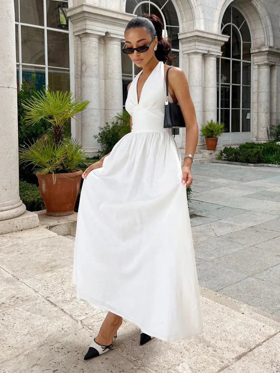 BKLD Pure Cotton Long Dresses 2026 Spring Summer High Waist V-Neck Lace-Up Maxi Dress Party Clubwear Solid Color Women Clothing