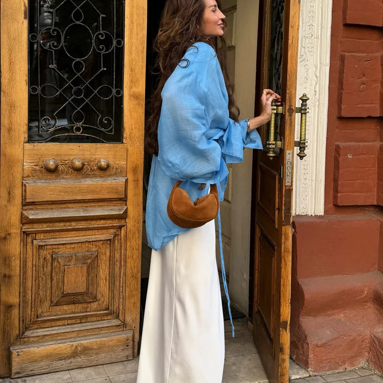 Casual Loose Solid See Through Blue Blouse For Women Sexy Lapel Long Sleeve Classic Shirt 2026 New Autumn Commuter Female Tops