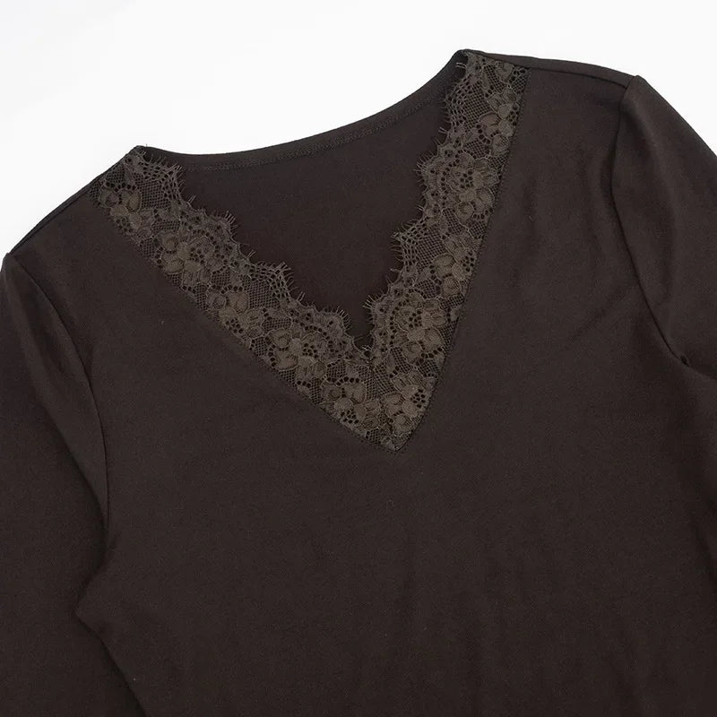 Women Lace Patchwork V Neck Long Sleeve T Shirt Ribbed Slim Fit Basic Undershirt Elegant Lace Trim Cuff Stretch Base Layer Tops