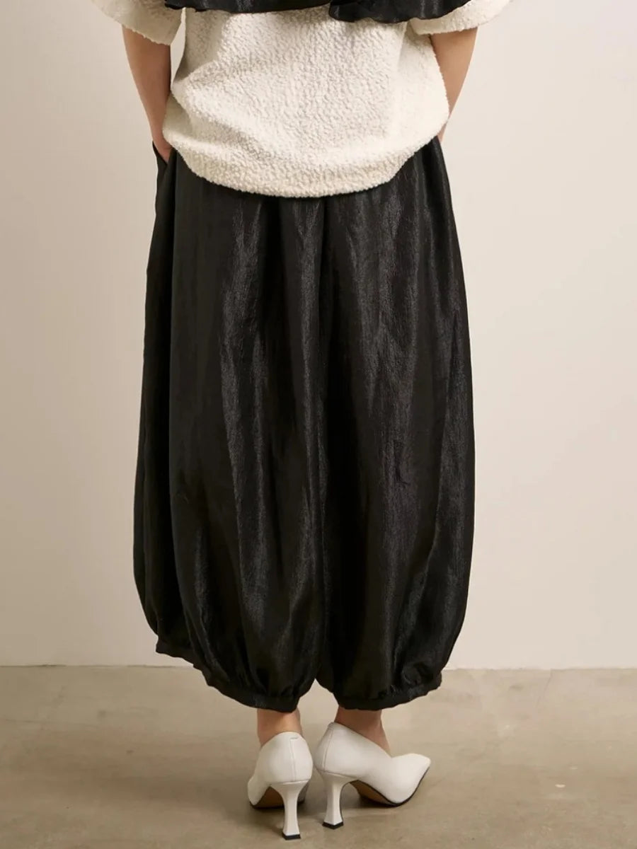 Women's Shiny Satin Solid Loose Fit Lantern Pants Elastic Waist Trousers Casual High Waist Commute Puffy Balloon Streetwear
