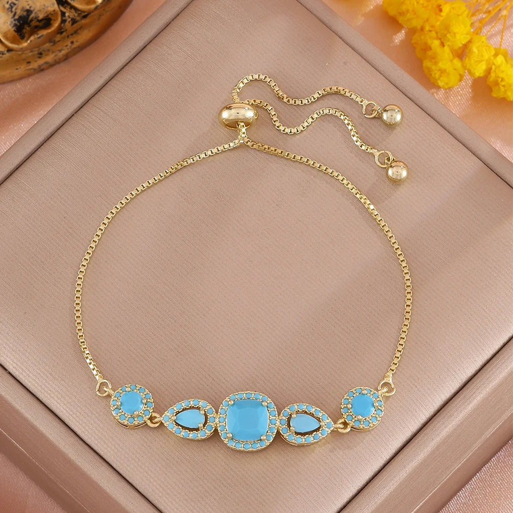 ZAKOL Gold Color Elegant Geometric Water Drop Turquoise Adjustable Chain Bracelet for Women Fashion Party Jewelry Gift