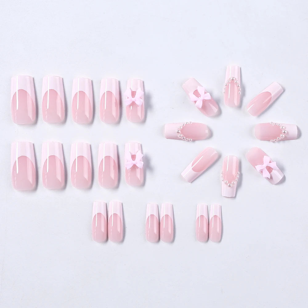 24pc Short Square French Fake Nails with Pearl Bow Acrylic Pink False Nail Wearable Press on Nails Full Cover Nail Tips